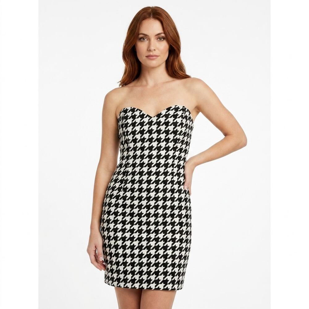 A.J. BARI Houndstooth Strapless Short Dress Women See Measurements